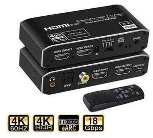 4K@ 60Hz HDMI Audio Extractor Splitter, 2x1 HDMI to HDMI + Optical Toslink SPDIF + 3.5mm Audio Jack + Coaxial + 7.1Ch HDMI Audio Support ARC and eARC Function 4K@ 60Hz HDMI Audio Extractor Splitter, 2x1 HDMI to HDMI + Optical Toslink SPDIF + 3.5mm Audio Jack + Coaxial + 7.1Ch HDMI Audio Support ARC and eARC Function