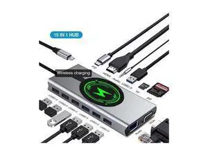USB C Hub Multiport Adapter, 15-IN-1 USB-C Hub with 4K HDMI,Gigabit,7 USB Port,87W PD, SD/TF Card Reader ,3.5mm Audio Mac,Wireless Charging Dongle Adapter for MacBook Pro Air, iPad Pro USB C Hub Multiport Adapter, 15-IN-1 USB-C Hub with 4K HDMI,Gigabit,7 USB Port,87W PD, SD/TF Card Reader ,3.5mm Audio Mac,Wireless Charging Dongle Adapter for MacBook Pro Air, iPad Pro