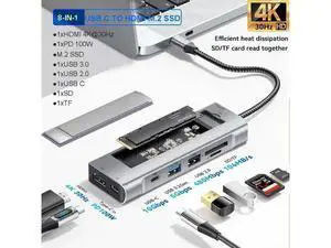 XJYLCPC M.2 NVMe SSD Enclosure Docking Station - 4K HDMI, 100W PD, 10Gbps USB C/USB-A Gen 3.2/3.1, SD/TF, USB2.0 - M.2 Dock - USB-C Hub for Laptop/Mac - Grey XJYLCPC M.2 NVMe SSD Enclosure Docking Station - 4K HDMI, 100W PD, 10Gbps USB C/USB-A Gen 3.2/3.1, SD/TF, USB2.0 - M.2 Dock - USB-C Hub for Laptop/Mac - Grey