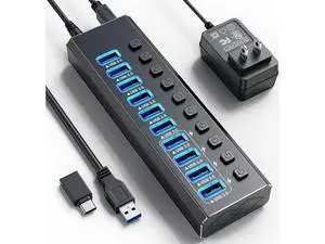 Powered USB Hub, 10-Port USB 3.0 Hub with 4 Smart Charging, Individual Switches and 12V Power Adapter, Aluminum USB Port Expander for Laptop/PC, KZW-10USBA Powered USB Hub, 10-Port USB 3.0 Hub with 4 Smart Charging, Individual Switches and 12V Power Adapter, Aluminum USB Port Expander for Laptop/PC, KZW-10USBA