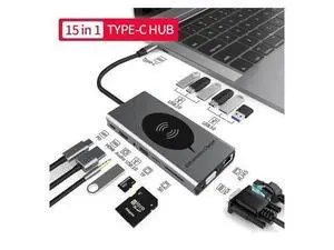 USB C Docking Station,15 in 1 Laptop Docking Station Dual Monitor,with 4K- HDMI,VGA,Gigablit Ethernet,7 USB,SD/TF Card Reader,Audio Port,Wireless Charging Compatible with MacBook/Surface USB C Docking Station,15 in 1 Laptop Docking Station Dual Monitor,with 4K- HDMI,VGA,Gigablit Ethernet,7 USB,SD/TF Card Reader,Audio Port,Wireless Charging Compatible with MacBook/Surface