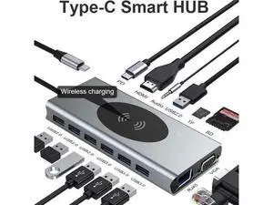 Dual Display USB Type C HUB with to VGA HDMI, Displayport, PD3.0, Ethernet, 7 USB Ports, SD/TF,Wireless Charging Multiport Adapter Docking Station Dongle for MacBook Air Pro and More Dual Display USB Type C HUB with to VGA HDMI, Displayport, PD3.0, Ethernet, 7 USB Ports, SD/TF,Wireless Charging Multiport Adapter Docking Station Dongle for MacBook Air Pro and More