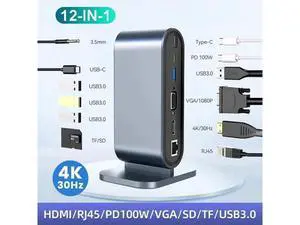 Vertical Laptop Docking Station, 12 in 1 USB C to HDMI Adapter with 1080P VGA, 4*USB A 3.0, 100W PD, Ethernet,SD/TF,Audio Port, USB-C Data for MacBook Laptop Vertical Laptop Docking Station, 12 in 1 USB C to HDMI Adapter with 1080P VGA, 4*USB A 3.0, 100W PD, Ethernet,SD/TF,Audio Port, USB-C Data for MacBook Laptop