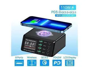 110W Charging Station with Wireless Charging, 8-Port USB Charging Station, Desktop Laptop Charger Portable USB-C Power Adapter for iPhone iPad Tablets Smartphones, Home Office Use 110W Charging Station with Wireless Charging, 8-Port USB Charging Station, Desktop Laptop Charger Portable USB-C Power Adapter for iPhone iPad Tablets Smartphones, Home Office Use