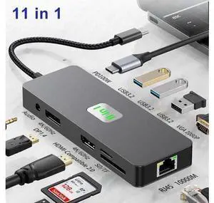XJYLCPC USB C Hub, Docking Station, 11 in 1 USB C Adapter Dongle with 4K60 HDMI 4K60 DP 1080P VGA 1000Mbps Ethernet PD 3.0 100W 3* 10Gbps USB3.2 TF/SD Card Slot, Audio Laptop Docking XJYLCPC USB C Hub, Docking Station, 11 in 1 USB C Adapter Dongle with 4K60 HDMI 4K60 DP 1080P VGA 1000Mbps Ethernet PD 3.0 100W 3* 10Gbps USB3.2 TF/SD Card Slot, Audio Laptop Docking