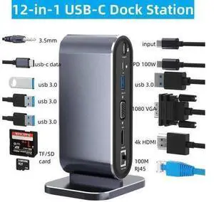 Vertical Laptop Docking Station, 12 in 1 USB C HUB with 4K HDMI, VGA,100W PD, SD/TF, Ethernet, 4 USB3.0, USB-C Data Multiple Adapter Dongle Compatible with MacBook Laptops Notebooks Vertical Laptop Docking Station, 12 in 1 USB C HUB with 4K HDMI, VGA,100W PD, SD/TF, Ethernet, 4 USB3.0, USB-C Data Multiple Adapter Dongle Compatible with MacBook Laptops Notebooks