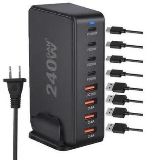 8 Port USB C Charger 240W QC3.0 PD3.0 GaN Charger Type C Adapter with Fast Desk Charger Compatible for iPhone, MacBook Pro, iPad Pro, Switch, Galaxy S22/S21 8 Port USB C Charger 240W QC3.0 PD3.0 GaN Charger Type C Adapter with Fast Desk Charger Compatible for iPhone, MacBook Pro, iPad Pro, Switch, Galaxy S22/S21