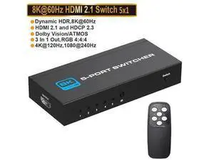 8K@60Hz HDMI Switch 5 in 1 Out w/IR Remote Control 5 Port Switcher Selector Box for Xbox Nintendo PS5 PS4 TV Fire Stick Supports Ultra HD Dolby Vision 48Gbps HDR10 HDCP 2.3 & 3D - OZ8Q5 8K@60Hz HDMI Switch 5 in 1 Out w/IR Remote Control 5 Port Switcher Selector Box for Xbox Nintendo PS5 PS4 TV Fire Stick Supports Ultra HD Dolby Vision 48Gbps HDR10 HDCP 2.3 & 3D - OZ8Q5