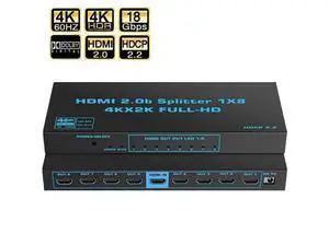 HDMI Splitter 1 in 8 Out -4K Hdmi Splitter 1x8 Ports v2.0 Powered 4K/2K@60hz Full Ultra HD 1080p US Adapter 3D Support 3D HDCP2.2, RGB 4:4:4, 18.5Gbps for Xbox, PS5, Fire Stick, Roku HDMI Splitter 1 in 8 Out -4K Hdmi Splitter 1x8 Ports v2.0 Powered 4K/2K@60hz Full Ultra HD 1080p US Adapter 3D Support 3D HDCP2.2, RGB 4:4:4, 18.5Gbps for Xbox, PS5, Fire Stick, Roku