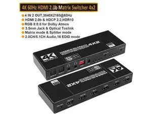 4x2 HDMI Matrix Switch 4K - 4K 60Hz RGB 8:8:8(Dolby ATMOS), 18Gbps, HDR10, Control via Remote, 2xSPDIF Audio, 2x3.5mm L/R Audio Audio Extractor, 4 in 2 Out Video Matrix Switch (OZJ1-1) 4x2 HDMI Matrix Switch 4K - 4K 60Hz RGB 8:8:8(Dolby ATMOS), 18Gbps, HDR10, Control via Remote, 2xSPDIF Audio, 2x3.5mm L/R Audio Audio Extractor, 4 in 2 Out Video Matrix Switch (OZJ1-1)