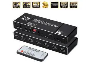 4K@60Hz HDMI Matrix Switch Splitter 4 in 2 Out with Remote, 4x2 HDMI Splitter Switcher 4K with 2xSPDIF & 2x3.5mm Audio, Support 4K,3D, 1080p,HDCP2.2, HDR 10 for PS4,Xbox,Fire Stick,etc 4K@60Hz HDMI Matrix Switch Splitter 4 in 2 Out with Remote, 4x2 HDMI Splitter Switcher 4K with 2xSPDIF & 2x3.5mm Audio, Support 4K,3D, 1080p,HDCP2.2, HDR 10 for PS4,Xbox,Fire Stick,etc
