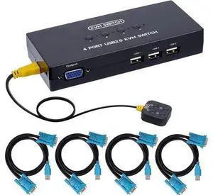 VGA KVM Switch 4 Port, USB VGA KVM Switcher for 4 Computers Share one Monitor 3 USB Devices Keyboard Mouse Scanner Printer, Including 4 KVM Cables & Desktop Control VGA KVM Switch 4 Port, USB VGA KVM Switcher for 4 Computers Share one Monitor 3 USB Devices Keyboard Mouse Scanner Printer, Including 4 KVM Cables & Desktop Control