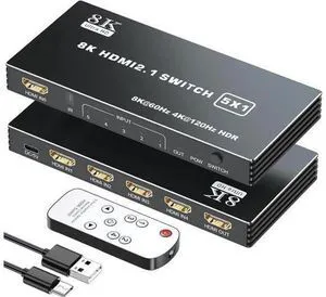 HDMI 2.1 Switch 5x1, 8K HDMI Switch 5 in 1 Out, Support 8K/60Hz 4K/120Hz HDCP 2.3 HDR10, 5-Port HDMI Switcher Selector Box Compatible with PS3/4/5, Fire Stick, DVD, Xbox Switch etc.. HDMI 2.1 Switch 5x1, 8K HDMI Switch 5 in 1 Out, Support 8K/60Hz 4K/120Hz HDCP 2.3 HDR10, 5-Port HDMI Switcher Selector Box Compatible with PS3/4/5, Fire Stick, DVD, Xbox Switch etc..