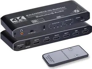 4K HDMI Splitter 2x4,HDMI Switch 2 in 4 Out Switcher Box with Audio Extractor and IR Remote Control, Support Ultra 4K HDR,4Kx2K@60Hz, 3D, 1080P,HDMI 2.0b, HDCP 2.2 4K HDMI Splitter 2x4,HDMI Switch 2 in 4 Out Switcher Box with Audio Extractor and IR Remote Control, Support Ultra 4K HDR,4Kx2K@60Hz, 3D, 1080P,HDMI 2.0b, HDCP 2.2