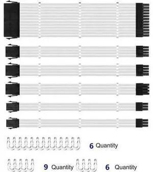 Sleeved Cables, PSU Extension Cable Kit for Power Supply, Fiber Braided ATX EPS PCI-E Cable with Combs, 30CM (White) Sleeved Cables, PSU Extension Cable Kit for Power Supply, Fiber Braided ATX EPS PCI-E Cable with Combs, 30CM (White)