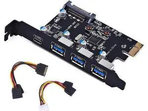 PCI-E to USB 3.0 Type C +3 Type A Expansion Card - Interface USB 3.0 4-Port Express Card Desktop with 15 pin SATA Power Connector [ Include with A 4pin to 2x15pin Cable + A 15pin to 2x 15pin SATA Y-C PCI-E to USB 3.0 Type C +3 Type A Expansion Card - Interface USB 3.0 4-Port Express Card Desktop with 15 pin SATA Power Connector [ Include with A 4pin to 2x15pin Cable + A 15pin to 2x 15pin SATA Y-C