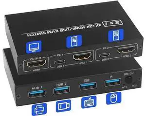 2 Port HDMI KVM Switch for 2 Computers 1 Monitor, 2 in 1 Out KVM Switch HDMI 4K@30Hz, KVM Switch for 2 PC Share 1 Monitor and USB Wireless Keyboard, Mouse, Printer, with 2 USB 2.0 Cables 2 Port HDMI KVM Switch for 2 Computers 1 Monitor, 2 in 1 Out KVM Switch HDMI 4K@30Hz, KVM Switch for 2 PC Share 1 Monitor and USB Wireless Keyboard, Mouse, Printer, with 2 USB 2.0 Cables