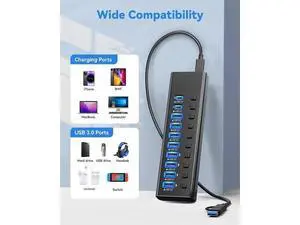 Powered USB Hub 3.2, 10-Port USB 3.2/USB C Hub (10Gbps USB-A 3.2 + 2x USB-C 3.2 + 7x USB 3.0 Ports) with Individual On/Off Switches and 12V Power Adapter, Aluminum USB Hub Powered for Laptop PC Powered USB Hub 3.2, 10-Port USB 3.2/USB C Hub (10Gbps USB-A 3.2 + 2x USB-C 3.2 + 7x USB 3.0 Ports) with Individual On/Off Switches and 12V Power Adapter, Aluminum USB Hub Powered for Laptop PC