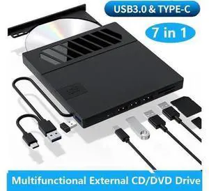 External CD DVD Drive, 7 in 1 USB 3.0 Type-C DVD Drive, Portable External DVD Burner, External CD/DVD Optical Drive with SD/TF Card Reader & 4 USB A Ports for Linux/Mac OS/Windows 7/8/10/11 External CD DVD Drive, 7 in 1 USB 3.0 Type-C DVD Drive, Portable External DVD Burner, External CD/DVD Optical Drive with SD/TF Card Reader & 4 USB A Ports for Linux/Mac OS/Windows 7/8/10/11
