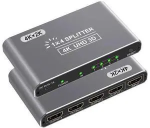 HDMI Splitter 1 in 4 Out, 4K HDMI Splitters for 4 Monitors Supports 3D Full HD 1080P Aluminum, Compatible for PS4 Fire Stick HDTV(1 Source to 4 Displays) Silver HDMI Splitter 1 in 4 Out, 4K HDMI Splitters for 4 Monitors Supports 3D Full HD 1080P Aluminum, Compatible for PS4 Fire Stick HDTV(1 Source to 4 Displays) Silver