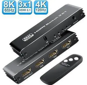 3 Ports 8K HDMI 2.1 Switch 3 in 1 Out 4K@120Hz 8K@60Hz HDMI Switcher Splitter with Remote, Support VRR ALLM Auto-Switching HDR 10 Dolby Vision/Avmos, for PS5/4, Xbox, PC, Apple-TV 3 Ports 8K HDMI 2.1 Switch 3 in 1 Out 4K@120Hz 8K@60Hz HDMI Switcher Splitter with Remote, Support VRR ALLM Auto-Switching HDR 10 Dolby Vision/Avmos, for PS5/4, Xbox, PC, Apple-TV