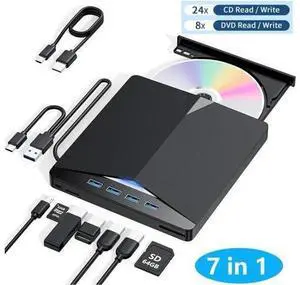 External CD/DVD Drive for Laptop, 7-in-1 Portable DVD Player for Laptop, USB 3.0 Type C External CD DVD Burner with SD/TF Card Reader & 4-Port USB Hub, Compatible with Windows, Mac OS, Linux External CD/DVD Drive for Laptop, 7-in-1 Portable DVD Player for Laptop, USB 3.0 Type C External CD DVD Burner with SD/TF Card Reader & 4-Port USB Hub, Compatible with Windows, Mac OS, Linux