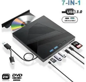 7-in-1 External CD/DVD Drive for Laptop, USB 3.0 and Type-C Portable DVD Player CD/DVD +/-RW Burner,Reader Rewriter Writer Disk Duplicator Compatible with Windows XP/7/8/10, Linux MacOS 7-in-1 External CD/DVD Drive for Laptop, USB 3.0 and Type-C Portable DVD Player CD/DVD +/-RW Burner,Reader Rewriter Writer Disk Duplicator Compatible with Windows XP/7/8/10, Linux MacOS