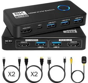 2 Port HDMI KVM Switch, 8K@60Hz 4K@120Hz HDMI USB 3.0 KVM Switch for 2 Computer Share 1 HD Monitor and 3 USB 3.0 Devices, Included Wired Remote, 2 HD-MI 2.1 Cables and 2 USB 3.0 Cables 2 Port HDMI KVM Switch, 8K@60Hz 4K@120Hz HDMI USB 3.0 KVM Switch for 2 Computer Share 1 HD Monitor and 3 USB 3.0 Devices, Included Wired Remote, 2 HD-MI 2.1 Cables and 2 USB 3.0 Cables
