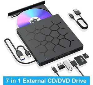 External CD/DVD Drive for Laptop, 7 IN 1 USB 3.0 Type C Portable DVD Player, CD ROM Burner Writer, External Disk Drive, Optical Drive Compatible with Laptop, PC, MacBook, Windows, Mac, Linux OS External CD/DVD Drive for Laptop, 7 IN 1 USB 3.0 Type C Portable DVD Player, CD ROM Burner Writer, External Disk Drive, Optical Drive Compatible with Laptop, PC, MacBook, Windows, Mac, Linux OS