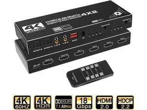 HDMI Matrix 4x2, 4K@60Hz HDMI Matrix Switch 4 in 2 Out with EDID Extractor and IR Remote Control, Support HDMI 2.0b, HDCP2.2, HDR10, Ultra HD, 3D HDMI Matrix 4x2, 4K@60Hz HDMI Matrix Switch 4 in 2 Out with EDID Extractor and IR Remote Control, Support HDMI 2.0b, HDCP2.2, HDR10, Ultra HD, 3D