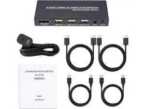 DisplayPort KVM Switch 2 Ports, USB Switch Share Monitor Keyboard and Mouse for Laptop, DP Display Port KVM Switcher Support 4K @60Hz, with 2 DisplayPort Cables and 2 USB Cables DisplayPort KVM Switch 2 Ports, USB Switch Share Monitor Keyboard and Mouse for Laptop, DP Display Port KVM Switcher Support 4K @60Hz, with 2 DisplayPort Cables and 2 USB Cables