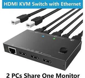 2 Port HDMI KVM Switch 2 PC 1 Monitor 4K@60Hz 2K@144Hz, 2 in 1 Out HDMI KVM Switch with Ethernet and 4 USB 2.0 ports for 2 PC Sharing 1 Monitor and keyboard, mouse, printer, U disk, with 2 USB cables 2 Port HDMI KVM Switch 2 PC 1 Monitor 4K@60Hz 2K@144Hz, 2 in 1 Out HDMI KVM Switch with Ethernet and 4 USB 2.0 ports for 2 PC Sharing 1 Monitor and keyboard, mouse, printer, U disk, with 2 USB cables