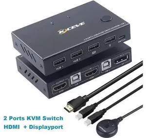 2 Ports Displayport HDMI KVM Switch Box, USB Displayport and HDMI KVM Switcher for 2 Computers Sharing One HD Monitor and 4 USB Devices Keyboard Mouse Printer, with DP to HD MI Adapter Function 2 Ports Displayport HDMI KVM Switch Box, USB Displayport and HDMI KVM Switcher for 2 Computers Sharing One HD Monitor and 4 USB Devices Keyboard Mouse Printer, with DP to HD MI Adapter Function