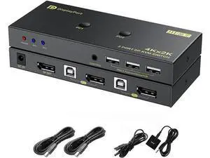 2 Port DisplayPort KVM Switch with USB 2.0 Ports, DP 1.2 4K @60Hz Display Port KVM Switcher Box for 2 Computers Sharing 1 Monitor Keyboard Mouse Peripherals Selector Box with USB Cables 2 Port DisplayPort KVM Switch with USB 2.0 Ports, DP 1.2 4K @60Hz Display Port KVM Switcher Box for 2 Computers Sharing 1 Monitor Keyboard Mouse Peripherals Selector Box with USB Cables