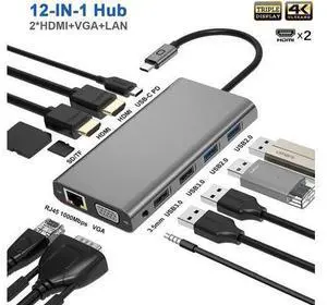 USB C Type-C Hub Adapter Docking Station with 2 HDMI 4K VGA 1000Mbps Ethernet 100W PD Audio 12 in 1 USB C Type-C Hub Adapter Docking Station with 2 HDMI 4K VGA 1000Mbps Ethernet 100W PD Audio 12 in 1