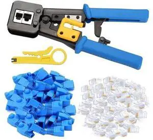 RJ45 Crimp Tool Pass Through Cat5 Cat5e Cat6 Crimping Tool for RJ45/RJ12 Regular and End-Pass-Through Connectors with 50PCS CAT5 CAT5e Connectors, 50PCS Covers and Mini Wire Stripper RJ45 Crimp Tool Pass Through Cat5 Cat5e Cat6 Crimping Tool for RJ45/RJ12 Regular and End-Pass-Through Connectors with 50PCS CAT5 CAT5e Connectors, 50PCS Covers and Mini Wire Stripper