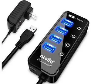 atolla 4-Port USB 3.0 Hub with 4 USB 3.0 Data Ports and 1 USB Smart Charging Port, USB Splitter with Individual On/Off Switches and 5V/3A Power Adapter atolla 4-Port USB 3.0 Hub with 4 USB 3.0 Data Ports and 1 USB Smart Charging Port, USB Splitter with Individual On/Off Switches and 5V/3A Power Adapter