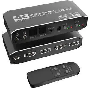 2x2 4K HDMI Switch, 2x2 HDMI Matrix Switcher, 4K 60Hz Video Switcher 2 in 2 Out Splitter Support Optical and 3.5mm Audio Output with IR Remote Controller Compatible with 3D, HDMI 2.0b, HDCP 2.2 2x2 4K HDMI Switch, 2x2 HDMI Matrix Switcher, 4K 60Hz Video Switcher 2 in 2 Out Splitter Support Optical and 3.5mm Audio Output with IR Remote Controller Compatible with 3D, HDMI 2.0b, HDCP 2.2