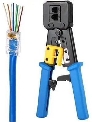 Aomoproing RJ45 Crimp Tool Pass Through Cat5 Cat5e Cat6 Crimping Tool for RJ45/RJ12 Regular and End-Pass-Through connectors Aomoproing RJ45 Crimp Tool Pass Through Cat5 Cat5e Cat6 Crimping Tool for RJ45/RJ12 Regular and End-Pass-Through connectors