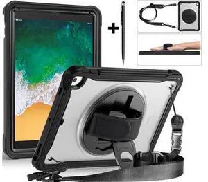 Case For iPad 6th 5th Generation, iPad 9.7 Inch 2018 2017, iPad Air 2, iPad Pro 9.7 Shcokproof Cover with Transparent Back, Pencil Holder, Rotating Stand, Hand/Shoulder Strap, Stylus Pen Case For iPad 6th 5th Generation, iPad 9.7 Inch 2018 2017, iPad Air 2, iPad Pro 9.7 Shcokproof Cover with Transparent Back, Pencil Holder, Rotating Stand, Hand/Shoulder Strap, Stylus Pen