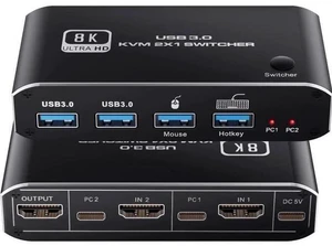8K @60Hz HDMI2.1 KVM Switch 2 in 1 Out, 2 Port HDMI 2.1 USB KVM Switch for 2PC Shares 1 Set Mouse, Keyboard and Monitor, Support 8K @60Hz, 4K @120Hz, Hotkey, 4x USB 3.0 Port, HDMI2.1 in/Out Port 8K @60Hz HDMI2.1 KVM Switch 2 in 1 Out, 2 Port HDMI 2.1 USB KVM Switch for 2PC Shares 1 Set Mouse, Keyboard and Monitor, Support 8K @60Hz, 4K @120Hz, Hotkey, 4x USB 3.0 Port, HDMI2.1 in/Out Port