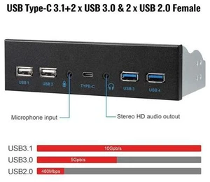 5.25 Inch Front Panel 7 Ports USB Hub w/ HD Audio & Microphone, USB 3.2 Gen 2(10Gbps) Type-C,2 x USB 3.0 & 2 x USB 2.0 ,3.5mm Audio & Mic ,USB Motherboard Header to PC Case Expansion Adapter 5.25 Inch Front Panel 7 Ports USB Hub w/ HD Audio & Microphone, USB 3.2 Gen 2(10Gbps) Type-C,2 x USB 3.0 & 2 x USB 2.0 ,3.5mm Audio & Mic ,USB Motherboard Header to PC Case Expansion Adapter