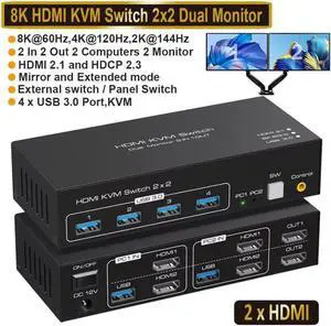 8K@60Hz KVM Switch HDMI 2 in 2 Out, HDMI KVM Switch for 2 Computers Share 2 Monitors and 4 USB 3.0 port, 4K@120Hz Dual Monitor HDMI USB KVM Switch, Desktop Controller and 2 USB Cable Included 8K@60Hz KVM Switch HDMI 2 in 2 Out, HDMI KVM Switch for 2 Computers Share 2 Monitors and 4 USB 3.0 port, 4K@120Hz Dual Monitor HDMI USB KVM Switch, Desktop Controller and 2 USB Cable Included