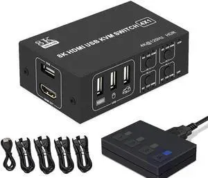 4x1 HDMI KVM Switch 4 Port, 8K @60Hz 4K@120Hz HDMI USB KVM HDMI Switch Share 4 Computers with One Monitor One-Button Swapping, 4 in 1 Out KVM Switcher for PC Laptop with 4 USB Cables 1 Power Cable 4x1 HDMI KVM Switch 4 Port, 8K @60Hz 4K@120Hz HDMI USB KVM HDMI Switch Share 4 Computers with One Monitor One-Button Swapping, 4 in 1 Out KVM Switcher for PC Laptop with 4 USB Cables 1 Power Cable