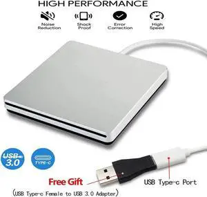 External USB C Superdrive Ultra Slim USB3.0 CD DVD Drive Burner External CD/DVD +/-RW Writer Reader Player with High Speed Data for MacBook Pro Air/Laptop/Windows/Mac OSX - XD055, Silver External USB C Superdrive Ultra Slim USB3.0 CD DVD Drive Burner External CD/DVD +/-RW Writer Reader Player with High Speed Data for MacBook Pro Air/Laptop/Windows/Mac OSX - XD055, Silver