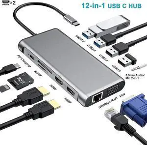 12-in-1 USB C Docking Station Triple Monitor with USB-C to 2*HDMI, 1*VGA, 2*USB 3.0,3*USB 2.0/SD/TF Card Reader, Ethernet/100W PD, 3.5mm Aux Audio for MacBook/Dell/HP/Lenovo 12-in-1 USB C Docking Station Triple Monitor with USB-C to 2*HDMI, 1*VGA, 2*USB 3.0,3*USB 2.0/SD/TF Card Reader, Ethernet/100W PD, 3.5mm Aux Audio for MacBook/Dell/HP/Lenovo