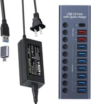 Powered USB Hub, 10-Port USB Splitter Hub (7 USB 3.0 Data Transmission Ports + 2 Smart Charging Ports + 1 PD Charging Port) with Individual LED On/Off Switches with Power Adapter for Mac, PC Powered USB Hub, 10-Port USB Splitter Hub (7 USB 3.0 Data Transmission Ports + 2 Smart Charging Ports + 1 PD Charging Port) with Individual LED On/Off Switches with Power Adapter for Mac, PC