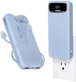 Portable Charger 12000mAh with Built-in Cables&AC Wall Plug, Blue Portable Charger 12000mAh with Built-in Cables&AC Wall Plug, Blue