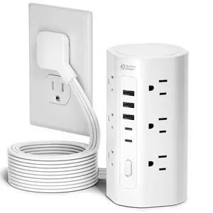 10Ft Extension Cord Power Strip Tower with Multiple Outlets, Flat Plug Power Tower 1700J Surge Protector, 12 AC Outlets 5 USB Ports (2 USB C), Desk USB Charging Station, Home Office Dorm Room, White 10Ft Extension Cord Power Strip Tower with Multiple Outlets, Flat Plug Power Tower 1700J Surge Protector, 12 AC Outlets 5 USB Ports (2 USB C), Desk USB Charging Station, Home Office Dorm Room, White