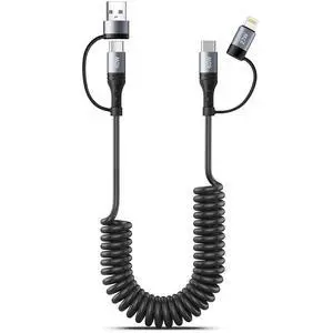 Coiled Lightning Cable 4 in 1 4FT Multi Charging Cable 60W Fast Charging Retractable Car Charger Cord for iPhone 17/16/15/14/13/12/11 Pro Max/XS MAX/XR/XS/X/8/7/6 Plus/iPad/AirPods/MacBook/CarPlay Coiled Lightning Cable 4 in 1 4FT Multi Charging Cable 60W Fast Charging Retractable Car Charger Cord for iPhone 17/16/15/14/13/12/11 Pro Max/XS MAX/XR/XS/X/8/7/6 Plus/iPad/AirPods/MacBook/CarPlay